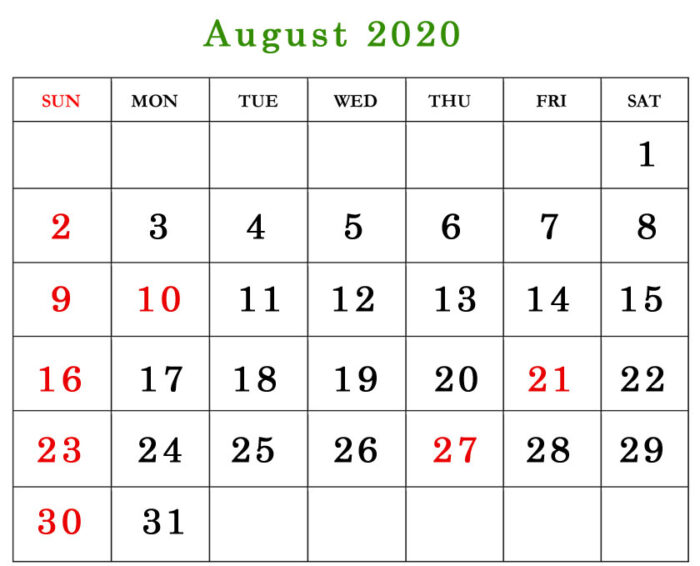 August 2020 calendar printable with holidays USA